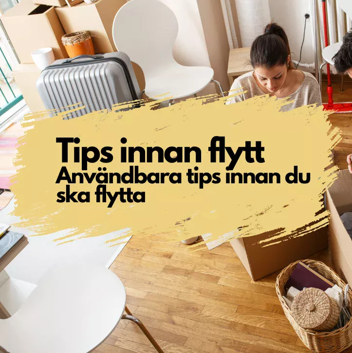 Familj som håller på att flytta med texten "Tips innan flytt"