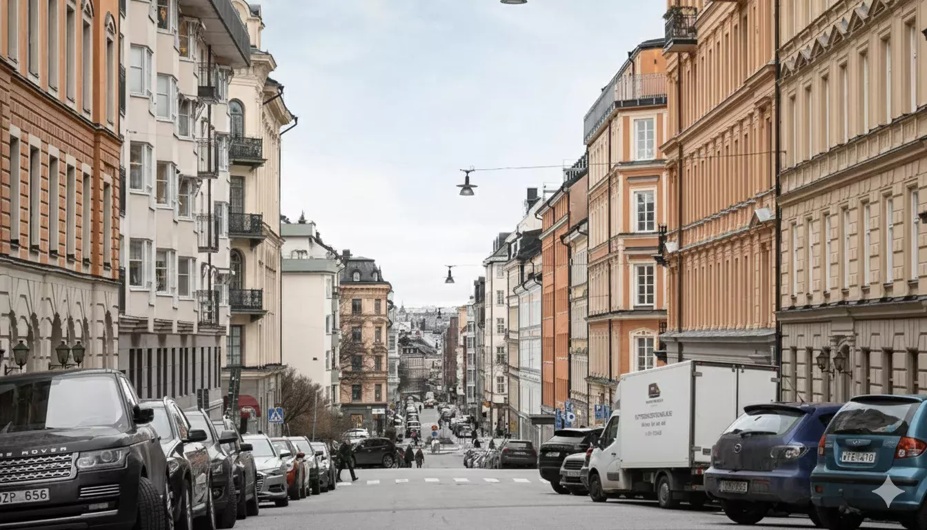 Flyttservice flyttbil parkerad på Grev Turegatan på Östermalm i Stockholm under pågående flytt.