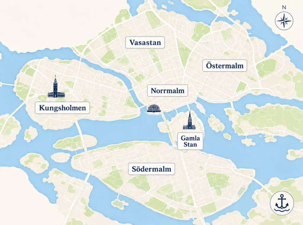 Illustrerad karta över Stockholm med Södermalm, Kungsholmen, Vasastan, Norrmalm, Östermalm och Gamla Stan utmärkta